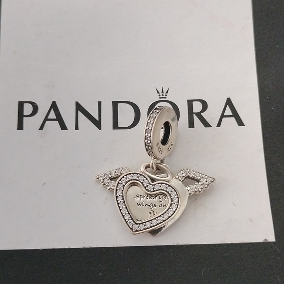 Pandora Sterling Silver Heart + Angel Wings Dangle w/ Clear Zirconia -798485C01 - Picture 2 of 5